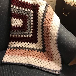 Crocheted lap/sofa/baby throw Handmade granny square 41 X 34 Greys burgundy rose